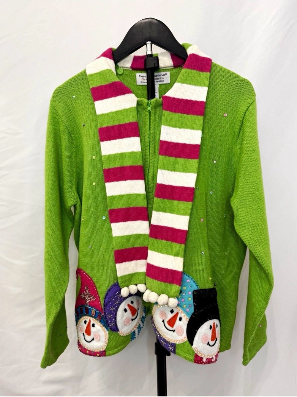 Tiana B. Lime Green Women's Snowman Zip Cardigan with Striped Scarf